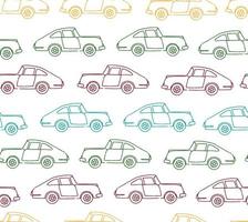 Vector seamless pattern of textured retro cars. Vector repeat background of vintage colored transport isolated on white background. Cartoon style endless illustration of old means of transport