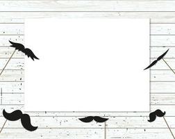 Vector illustration of moustache on stick on shabby wooden background with place for text. Illustration for prostate cancer awareness event or masculine. Moustache season poster. Photo booth prop