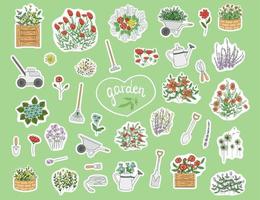 Vector set of colored stickers with garden tools, flowers, herbs, plants. Bright  pack of spade, shovel, rakes, wheel barrow, watering can, shears, lawn mower, hose, trowel. Cartoon style