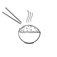 arroz dibujado a mano en un tazón con palillos para restaurante en vector de estilo doodle