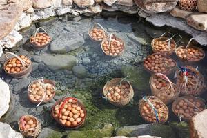 Big baskets of many eggs boiled under clear hot mineral water pond of hot spring. photo