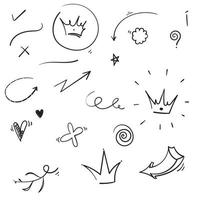 hand drawn collection of Swishes, swoops, emphasis doodles. Highlight text elements, calligraphy swirl, tail, flower, heart, graffiti crown. isolated background vector