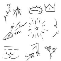 doodles collection of curly arrow. swishes, swoops, swirl, heart, love, crown, firework, highlight text and emphasis element isolated background vector