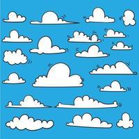 hand drawn Cloud collection. Abstract white cloudy set isolated on blue background. Vector illustration.doodle