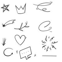 doodles collection of curly arrow. swishes, swoops, swirl, heart, love, crown, firework, highlight text and emphasis element isolated background vector