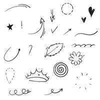 hand drawn collection of Swishes, swoops, emphasis doodles. Highlight text elements, calligraphy swirl, tail, flower, heart, graffiti crown. isolated background vector