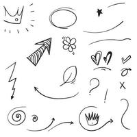 hand drawn collection of Swishes, swoops, emphasis doodles. Highlight text elements, calligraphy swirl, tail, flower, heart, graffiti crown. isolated background vector