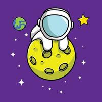 Astronaut On Moon With Earth And Star Cartoon Vector Icon Illustration