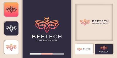 bee technology logo with line design and business card template vector