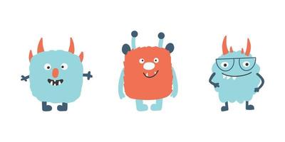 Collection of cute cartoon characters monsters in simple hand-drawn scandinavian style. vector