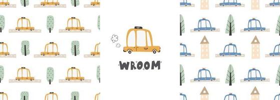 Cute children's seamless pattern with trucks and diggers in Scandinavian style on a white background. Building equipment. Funny construction transport Digital paper vector