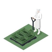 Worker using an isometric manual forklift vector