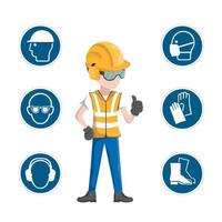 Industrial safety icons, worker with his personal protective equipment vector