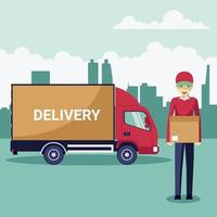 Delivery transport truck with delivery man vector
