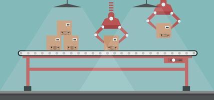 Design of automated production line with robotic arms. Automated conveyor rollers vector