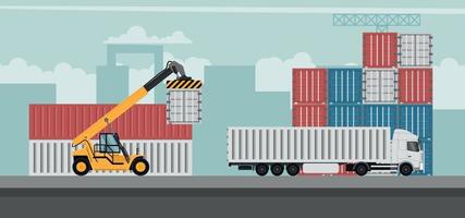 Fondo de diseño de terminal portuaria de contenedores para exportación. camiones portacontenedores trabajando vector