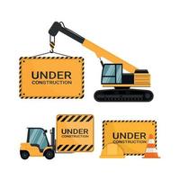 Under construction advertising sign with safety cone and safety helmet vector