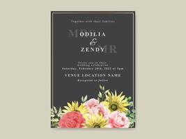 Elegant sunflower and rose watercolor wedding invitation template vector