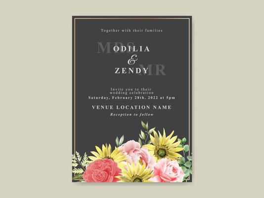 Elegant sunflower and rose watercolor wedding invitation template