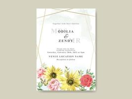 Elegant sunflower and rose watercolor wedding invitation template vector