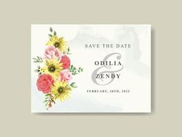 Elegant sunflower and rose watercolor wedding invitation template vector