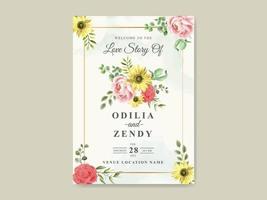 Elegant sunflower and rose watercolor wedding invitation template vector