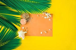 Green tropical palm leaves on bright yellow background. Shellfish and coral implementation format as a table to write postcard messages. Concept art. Summer concept. photo