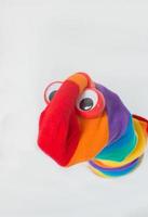 Cute sock puppet with rainbow flag sock and plastic red eyes. White background, copy space. Fighting for LGBTQ rights. photo