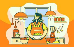 mujer cocinando en la cocina vector