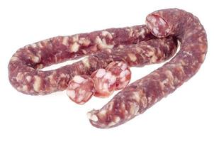 Homemade pork dried cured sausage on white background photo