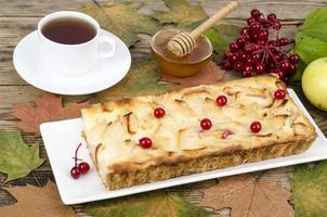 Tarta de manzana de otoño con bayas viburnum sobre fondo de madera foto