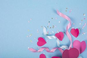 Abstract Background with Paper Hearts, ribbons for Valentine s Day. Blue Love and Feeling Background for poster, banner, post, card
