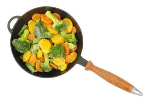 Pan with frozen pieces of vegetables isolated on white background. Studio Photo