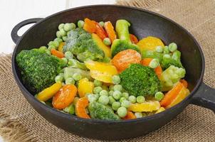 Frozen carrots, broccoli and green peas in frying pan. Studio Photo