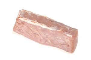 Fresh pink piece of raw pork meat, chop on white background. Studio Photo