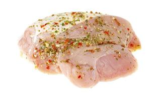 Raw turkey breast with grilling spices on white plate. Studio Photo