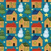 Winter holiday hand drawn seamless pattern background Merry Christmas and Happy New Year house snowman christmas tree decor star wrapping paper packaging design vector