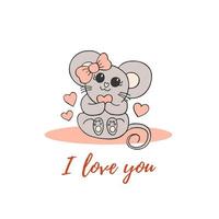 Hand drawn cute animals with lettering. A mouse with a pink bow and a heart. I love you. White background. Vector. vector