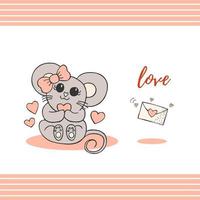 Hand drawn cute animals with lettering. A mouse with a pink bow and a heart. Envelope with heart. Love White background. Vector. vector