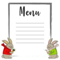 Two funny bunny in a red and green jacket and red and pink striped scarf with drink and shawarma. Hand-drawn doodle illustration. Menu. vector