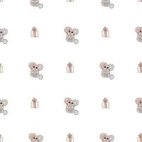 Hand drawn cute animals. Seamless pattern. A mouse with a pink bow and a heart, gift. White background. Vector. vector