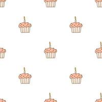 Hand drawn seamless pattern. Doodle style. Festive elements. Cupcake with candle. White background. Vector. vector