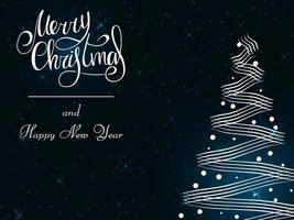 Handwritten white lettering on a dark blue background. Magic white Christmas tree made of brush strokes with snowflakes. Merry Christmas and Happy New Year 2022.