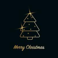 Sparkling Christmas Tree with shiny dust. Golden metallic outline icon with stars on a dark blue background. Merry Christmas and Happy New Year 2022. Golden Metallic. Vector illustration.