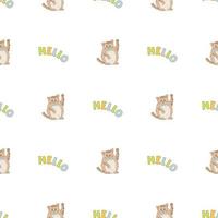 Hand drawn cute animals. Seamless pattern. Cat with word Hello. White background. Vector. vector
