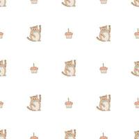 Hand drawn cute animals. Seamless pattern. Cat with cupcake with candle. White background. Vector. vector
