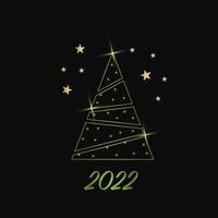 Sparkling Christmas Tree with shiny dust. Green Metallic outline icon on a dark background. Merry Christmas and Happy New Year 2022. Vector illustration.