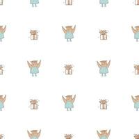 Hand drawn cute animals. Seamless pattern. An owl in a blue dress with polka dots and boots, gift White background. Vector. vector