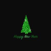 Sparkling Christmas Tree. Green Metallic glitter icon on a dark background. Merry Christmas and Happy New Year 2022. Vector illustration.