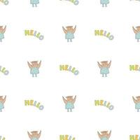 Hand drawn cute animals. Seamless pattern. Hello. An owl in a blue dress with polka dots and boots. White background. Vector. vector